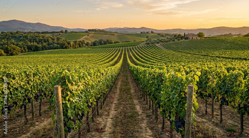 Obraz premium Idyllic Tuscan vineyard stretching towards rolling hills at sunset, bathed in warm golden light