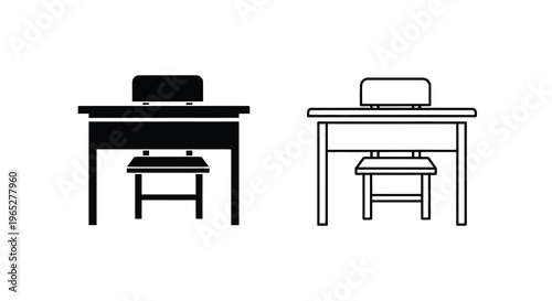 Two black and white illustrations of school desks and chairs