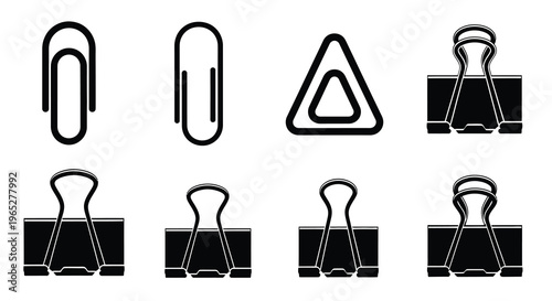 Black and white illustration of various office fasteners and clips