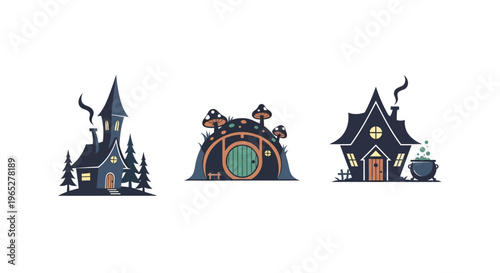 Collection of whimsical fantasy houses and dwellings.