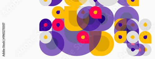 Abstract circles overlap, creating vibrant composition. Purple, yellow, pink hues dominate white background. Modern, playful design.