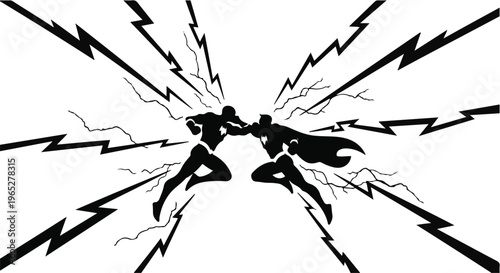 Dynamic superhero confrontation with electrifying lightning bolts in monochrome.