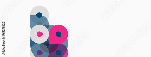 Abstract shapes overlap, creating layered visual effect. Pink, blue, gray tones dominate composition. Minimalist design, clean background.