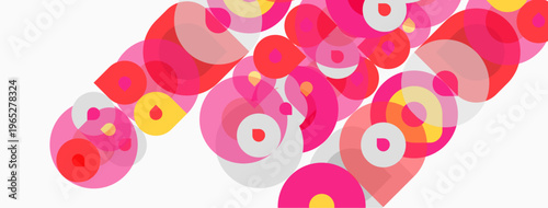 Abstract composition featuring overlapping circles. Pink, red, yellow hues dominate white background. Modern, playful design elements present.