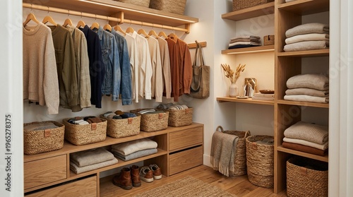 Luxurious walk-in closet featuring organized clothing and accessories on wooden shelves and hangers