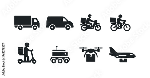 Set of black delivery and transportation icons featuring truck, van, motorcycle courier, bicycle messenger, scooter, robot rover, drone, and cargo airplane