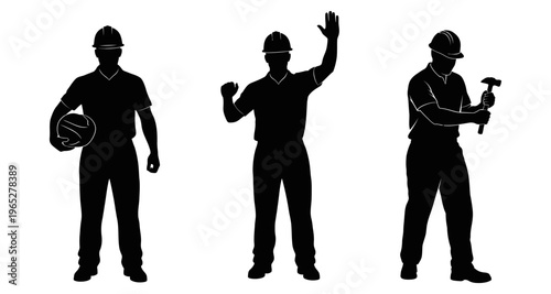 Construction Workers Silhouettes Posing with Hard Hat and Hammer on White Background