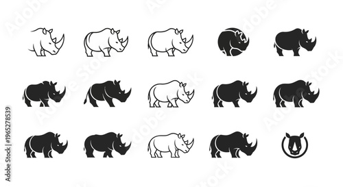 Collection of Rhino Illustrations in Various Styles.
