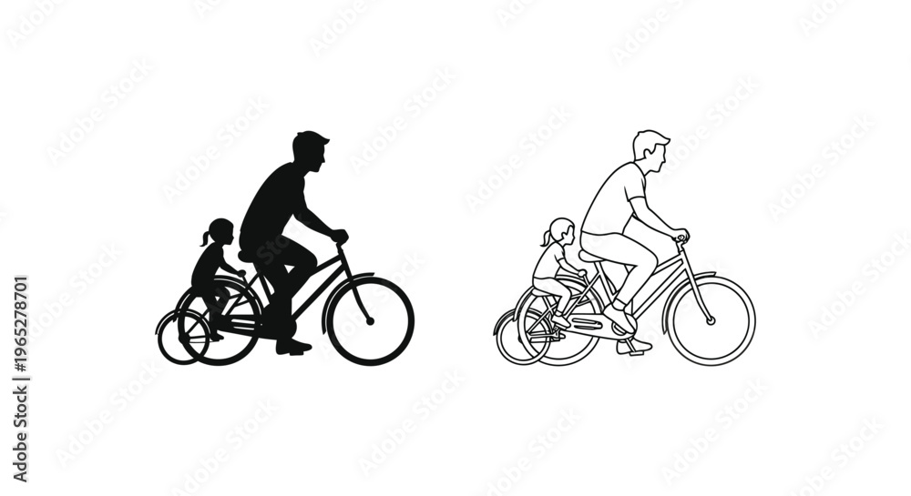 Fototapeta premium Father and child riding bicycles together outdoors Vector