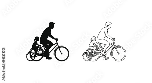 Father and child riding bicycles together outdoors Vector