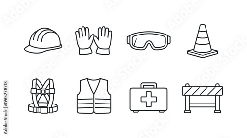 Line icons set of construction safety equipment including hard hat, gloves, goggles, traffic cone, harness, vest, first aid kit, barrier