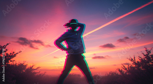 Futuristic Glitch Art Silhouette of Man in Vibrant Sunset Sky with Chromatic Aberration and Synthwave Aesthetic