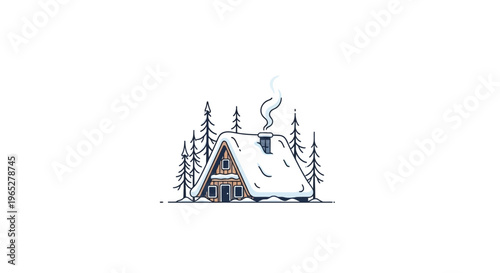 Cozy Winter Cabin Surrounded by Snow-Covered Pine Trees.