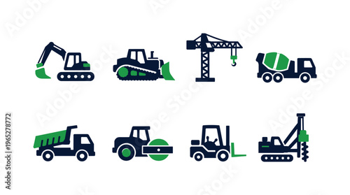 Set of construction equipment icons featuring excavator, bulldozer, tower crane, concrete mixer, dump truck, roller, forklift, and drilling rig