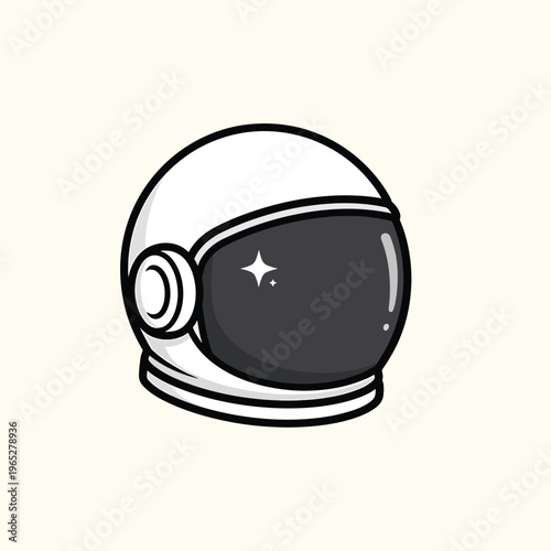 A cartoon-style illustration of a white astronaut helmet with a dark visor and star reflection. It has black outlines and rests on a cream background