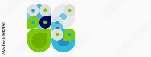 Abstract composition featuring overlapping circles. Colors include green, blue, white, dark navy. Minimalist design, clean aesthetic.