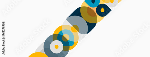 Abstract circles overlap, creating dynamic visual pattern. Colors include blue, yellow, gray, white. Simple design, modern aesthetic.