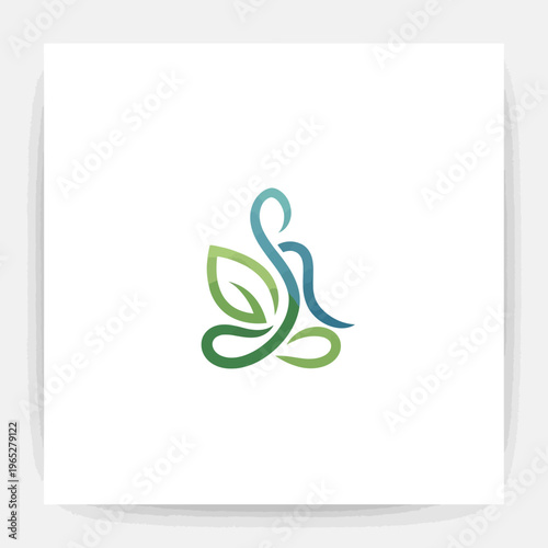 Meditating figure with leaf design logo.