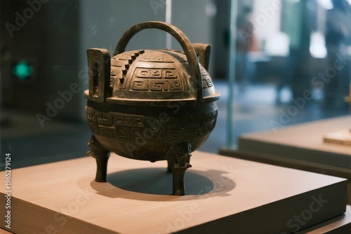 Ancient bronze ritual vessel with intricate geometric patterns displayed in a museum setting