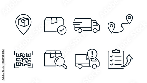 Minimal line icons set showing package tracking, delivery truck, route pins, QR code scanning, parcel inspection, and shipping checklist logistics