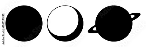 Planet icon set with solid black silhouette on white background featuring celestial object, space, astronomy with vector and minimalism