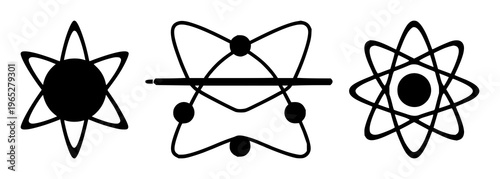 Quantum computing qubit atom set with solid black icon on white background featuring qubit, atom, quantum mechanics with iconography and vector graphics