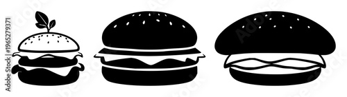 Plant-based meat burger icon set with solid black outline on white background featuring plant-based burger, simple line art, minimalist with black and white and food illustration