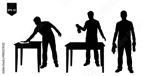 Man Cleaning Table Silhouette Spraying and Wiping Surfaces Daily Chores Graphic