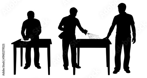 Man Cleaning Table Surface Silhouette Sprinkling Detergent Wiping with Cloth Isolated Vector Illustration