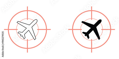 Airplane, at gunpoint icon featuring aiming target on plane symbol, security threat and aviation danger concept, modern flat vector illustration for warning signs, safety alerts, apps, websites, 