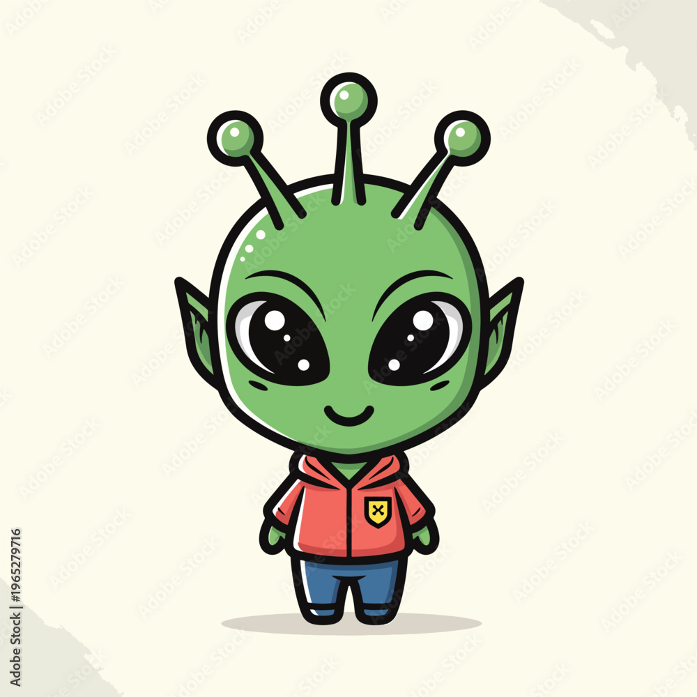 Obraz premium A cute, cartoon-style alien character with large eyes, wearing a red hoodie and blue pants. The alien has antennae and a cheerful expression
