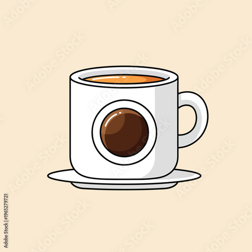 A cartoon-style illustration of a white coffee mug on a saucer with a beige background. The mug has dark brown coffee in it