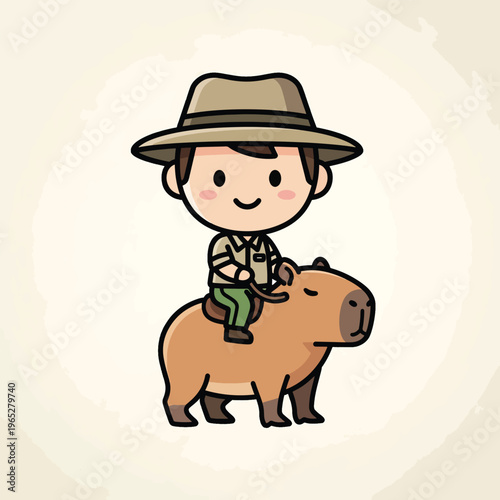 A cute cartoon depiction of a park ranger on a capybara. The ranger wears a hat and uniform. The background has a watercolor feel