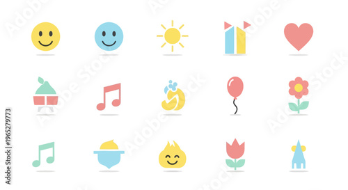 Collection of cheerful and colorful flat icons representing various positive symbols and celebrations.