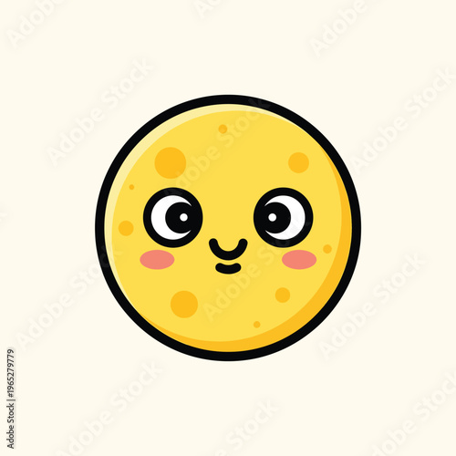A cartoon-style illustration of a round yellow object with two big black eyes, a curved nose, blushing cheeks, and small dimples