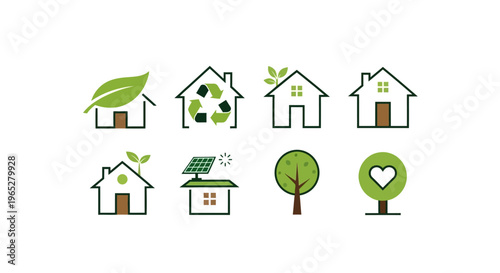 Eco-friendly house icons with green energy symbols.