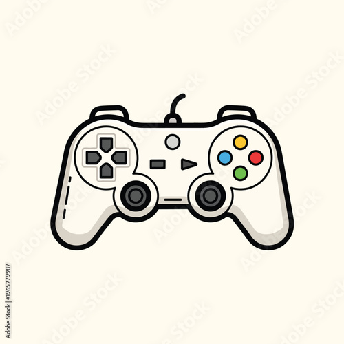 A cartoon-style illustration of a white gamepad with black outlines and colorful buttons. It has a rounded shape, perfect for gaming