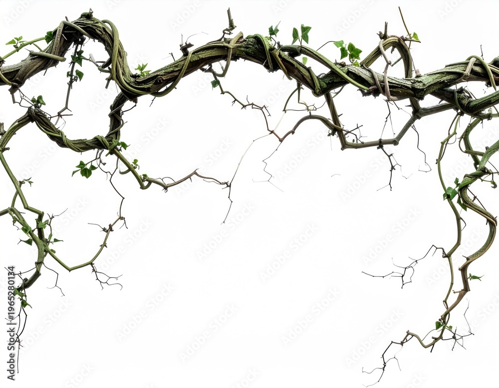 Fototapeta premium Twisted Green Vine With Small Leaves Against White Background Overhead View