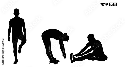 Man Stretching Silhouette Three Poses Exercise Fitness Routine Isolated White Background Vector