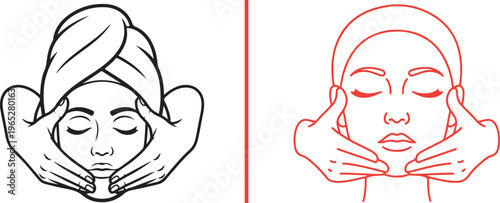 Black and red line art illustrations of facial massage and skincare application, featuring a woman with a towel wrap and hands contouring the face for beauty and relaxation.