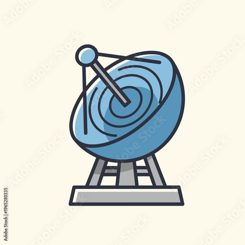 A cartoon-style illustration of a satellite dish, featuring a blue parabolic reflector with concentric circles. The image set against a soft beige backdrop