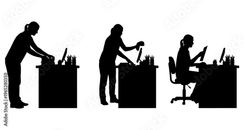 Office Worker Silhouettes Typing and Organizing Desk Tasks Minimalist Style