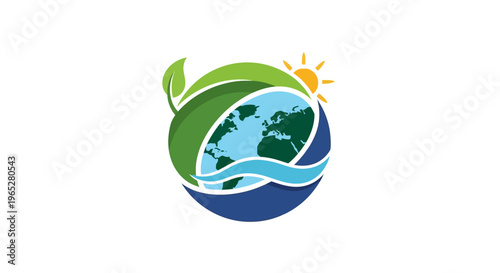Fotografía Eco-friendly Earth with Sun and Leaf Symbol.