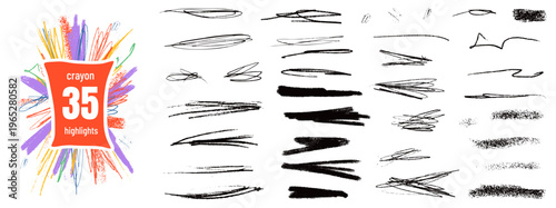 Scribble underline set with straight and messy highlight emphasis in crayon pencil texture. Random chaotic sketch marks and freehand doodle on white. Charcoal scribble vector strokes with line art.