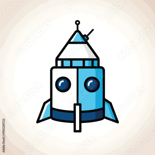 A cartoon-style rocket ship with a triangular top and rounded body, two portholes, and fin-like appendages. The background is a faded textured white