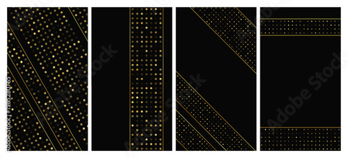 Set of dark backgrounds with golden lines and glittering dots