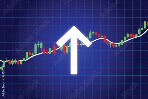 Bullish stock market trend with white upward arrow over candlestick chart and grid lines.