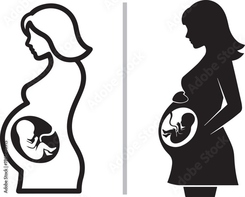 Flat vector icons featuring silhouettes of a pregnant woman with a visible fetus in the womb, shown in both outline and solid black styles to represent prenatal care and maternal health.
