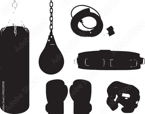 Boxing equipment, fitness gear, sports accessories, black icons