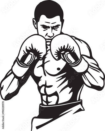Boxer, male fighter, athletic pose, black and white vector, sports illustration, boxing gloves